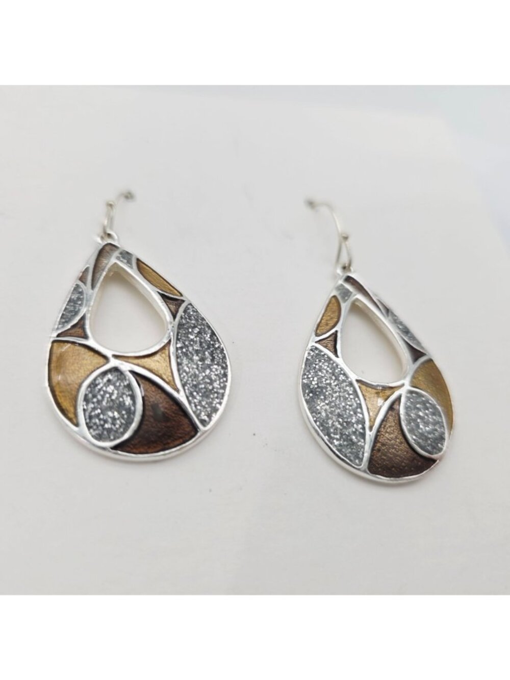 Kim Rogers Drop Earrings Silver-Tone Enamel Gold Bronze Open Tear Drop Shape - Picture 2 of 5